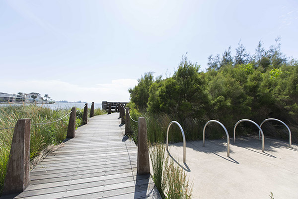 Boardwalk and bicycle racks in reserve