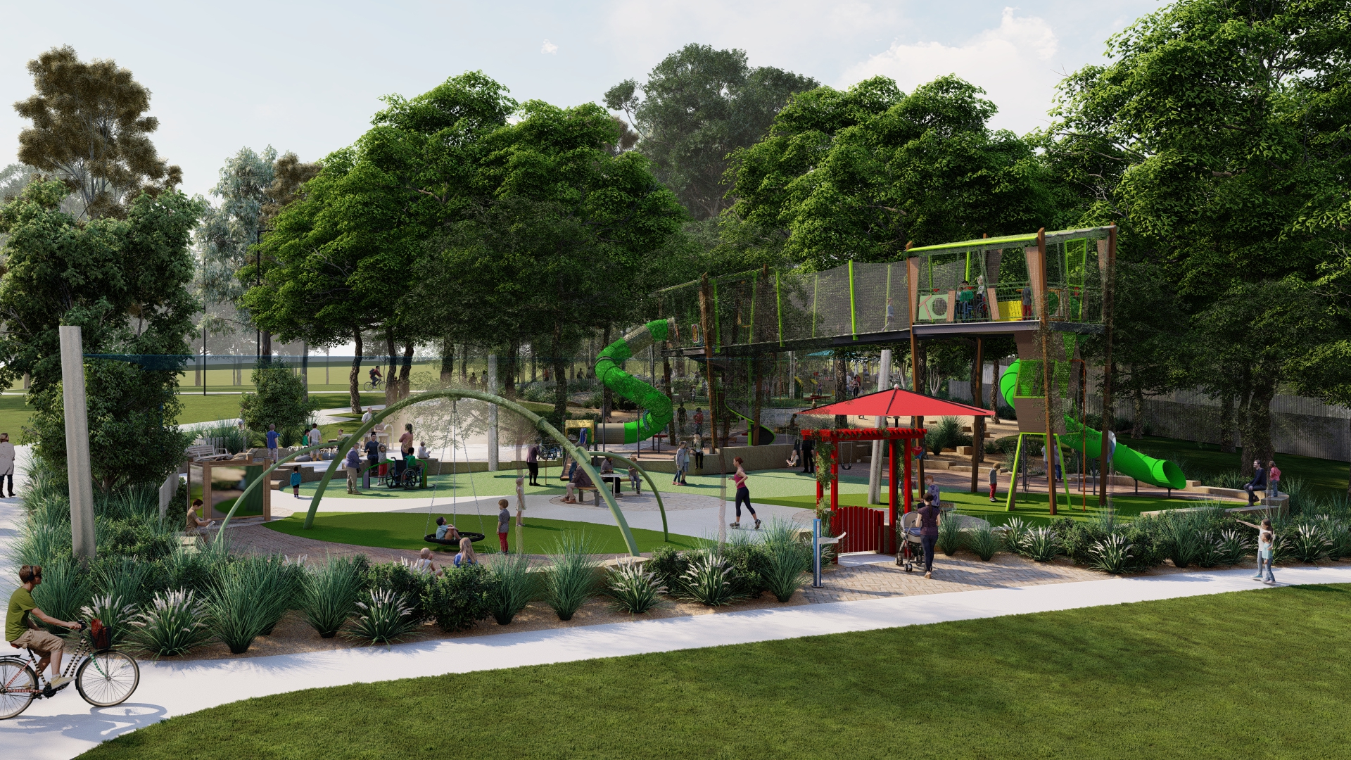 Artist Impression - slide, bridge and  basket swing at all-abilities playground
