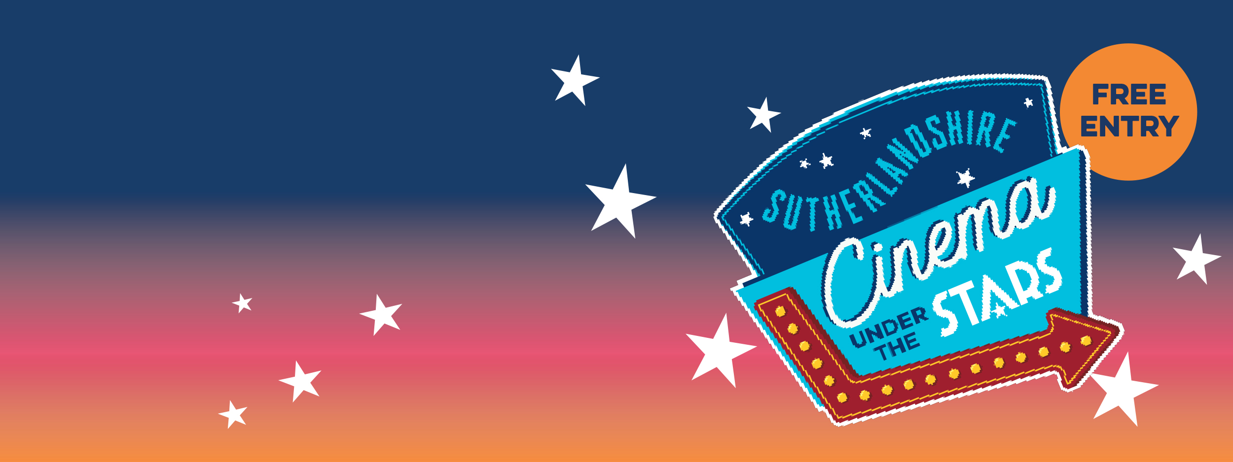 cinema under the stars logo on blue to orange background