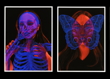 Four panel graphic design artwork of female face. Colour palette of electric blue, black, orange and purple.