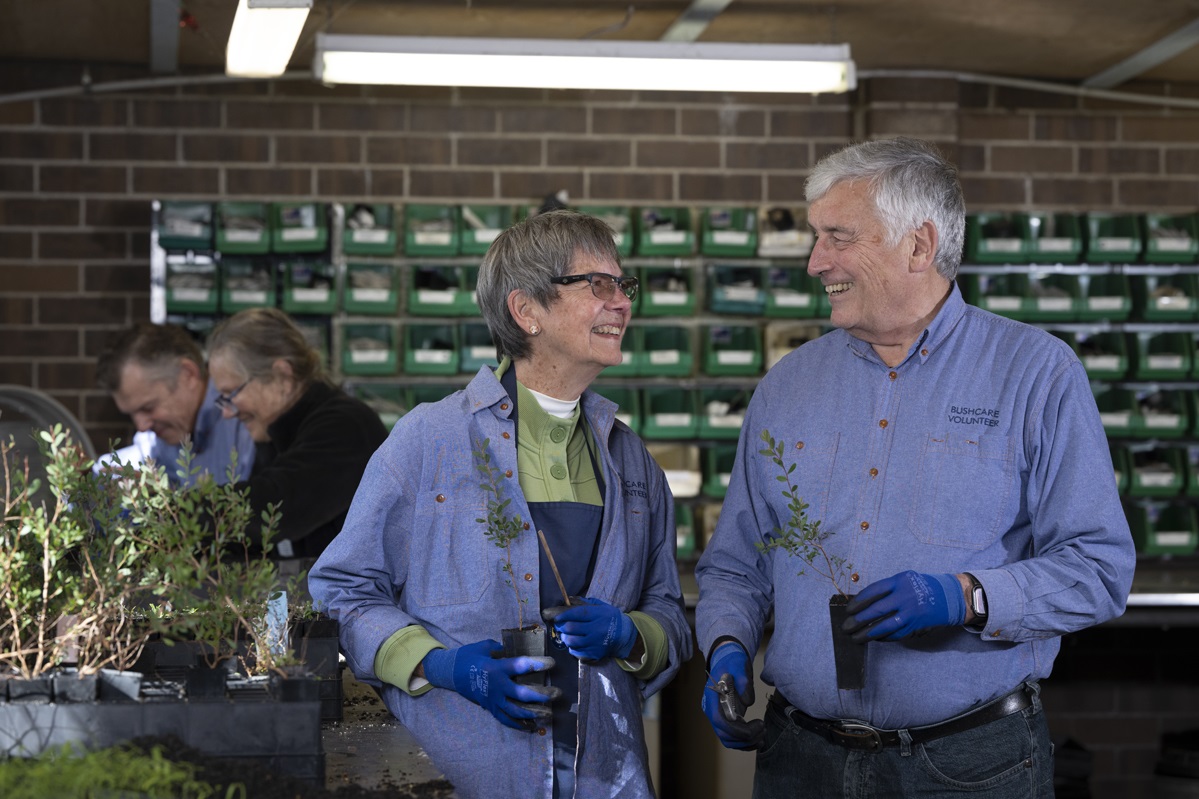 Two volunteer bushcarers smiling at each other