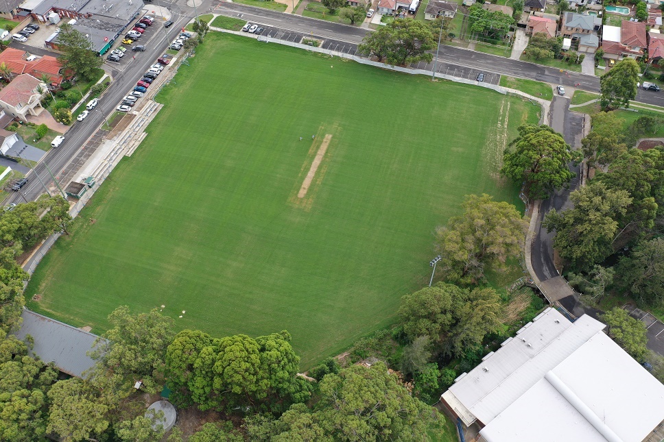Aerial view of playing fields and clubhouse