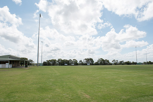 View of playing fields and amenities block
