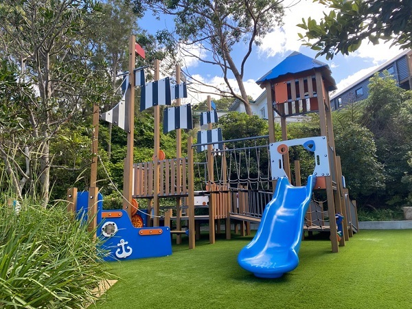 Pirate ship-themed playground with slide