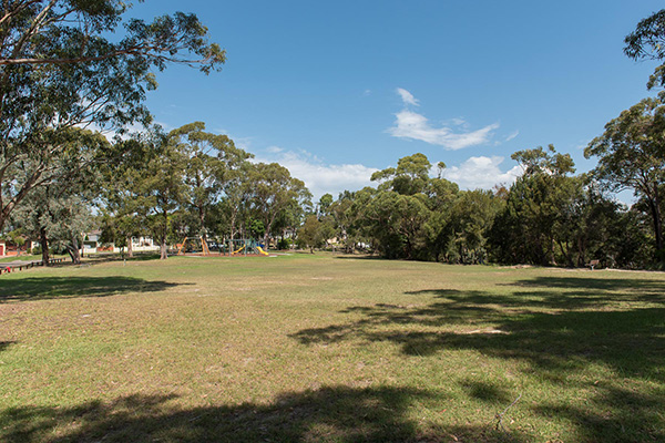 Grassed open space area with playground