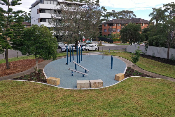 Aerial view of reserve with fitness equipment and playground