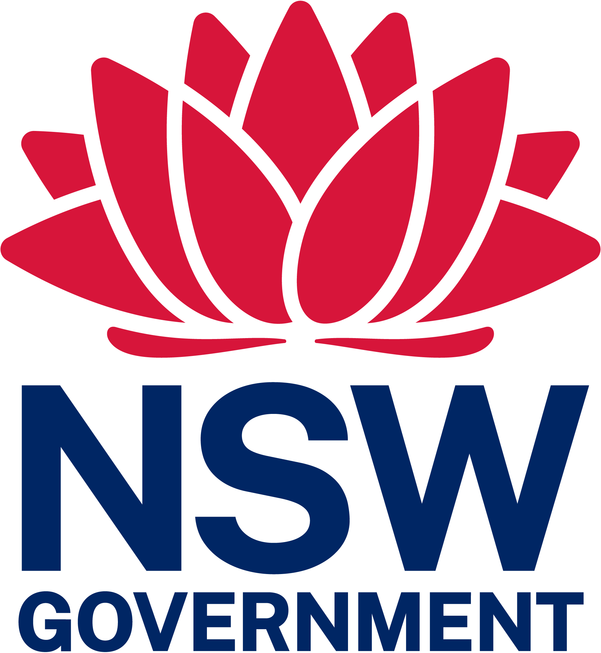 Simplified waratah flower in deep red colour with the words NSW Government in dark blue stacked underneath.
