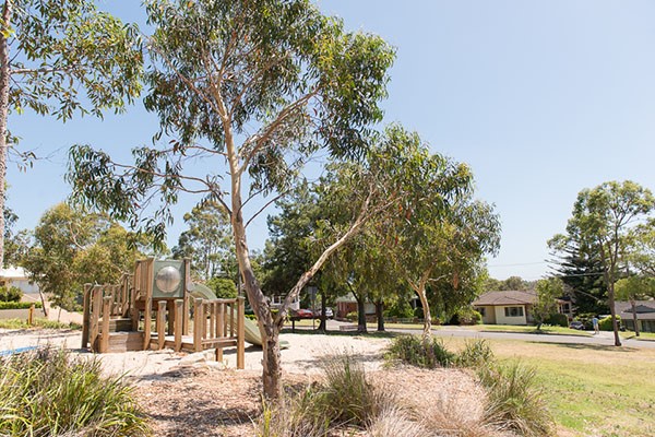 Wooden play ground with slide in leafy reserve