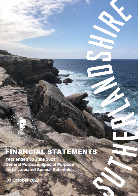Picture of the front cover of the 2023 Financial statements for Sutherland Shire Council report with waves and coastline