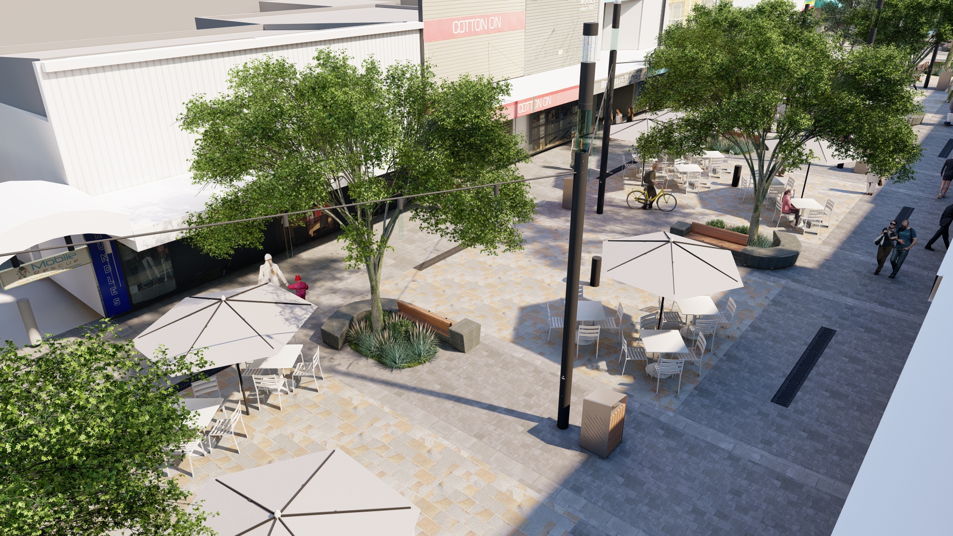 Aerial view of Plaza showing trees, light poles and seating