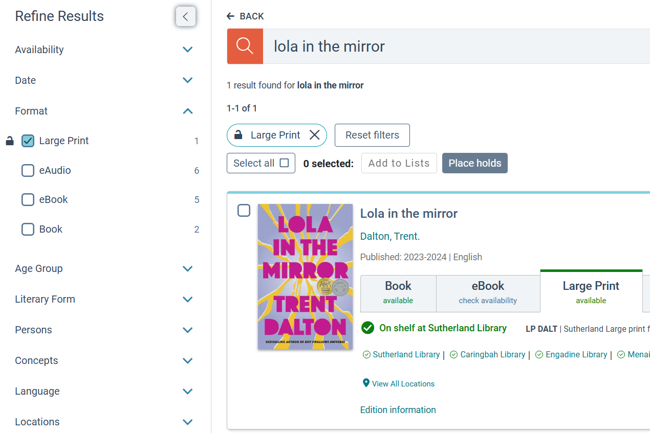 Example: library catalogue search for large print books