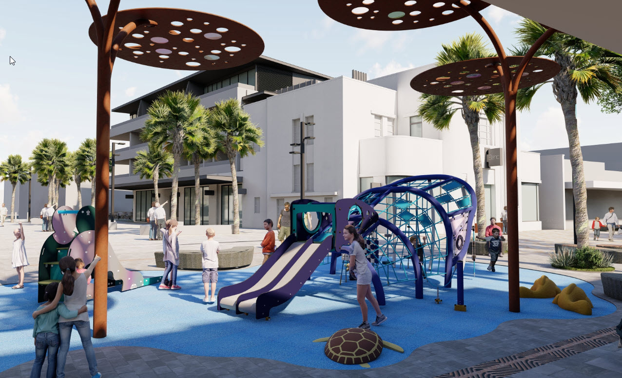 Artist Impression of Southern Playspace with shade structures
