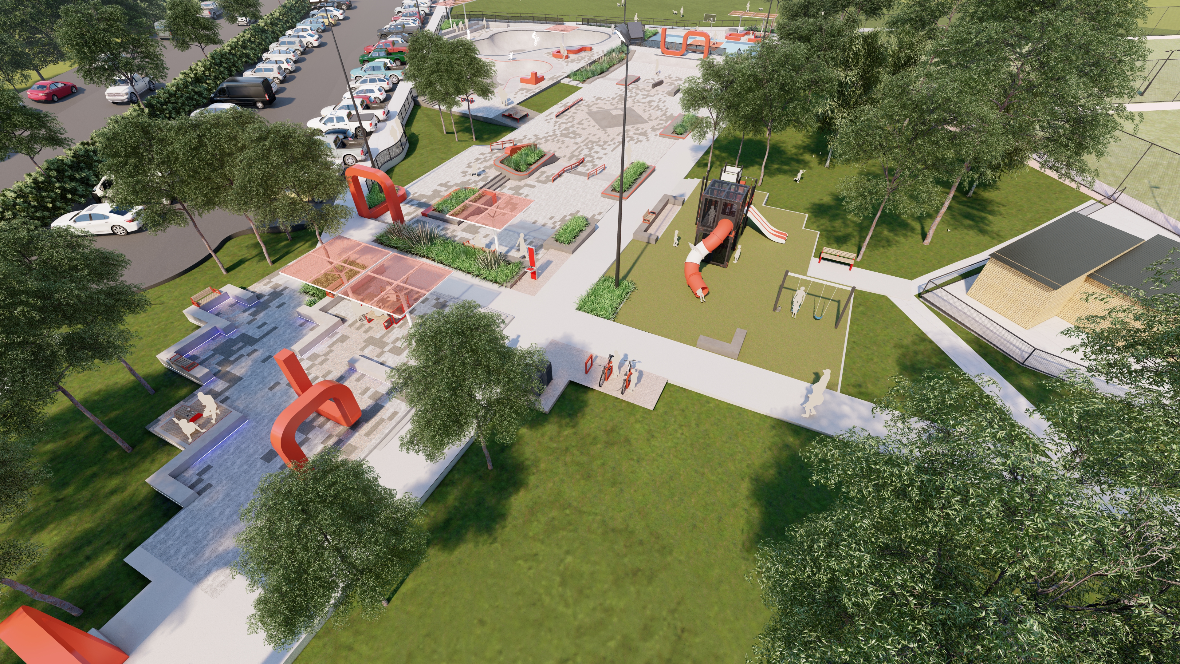 Aerial render of new youth Precinct in Seymour Shaw Park