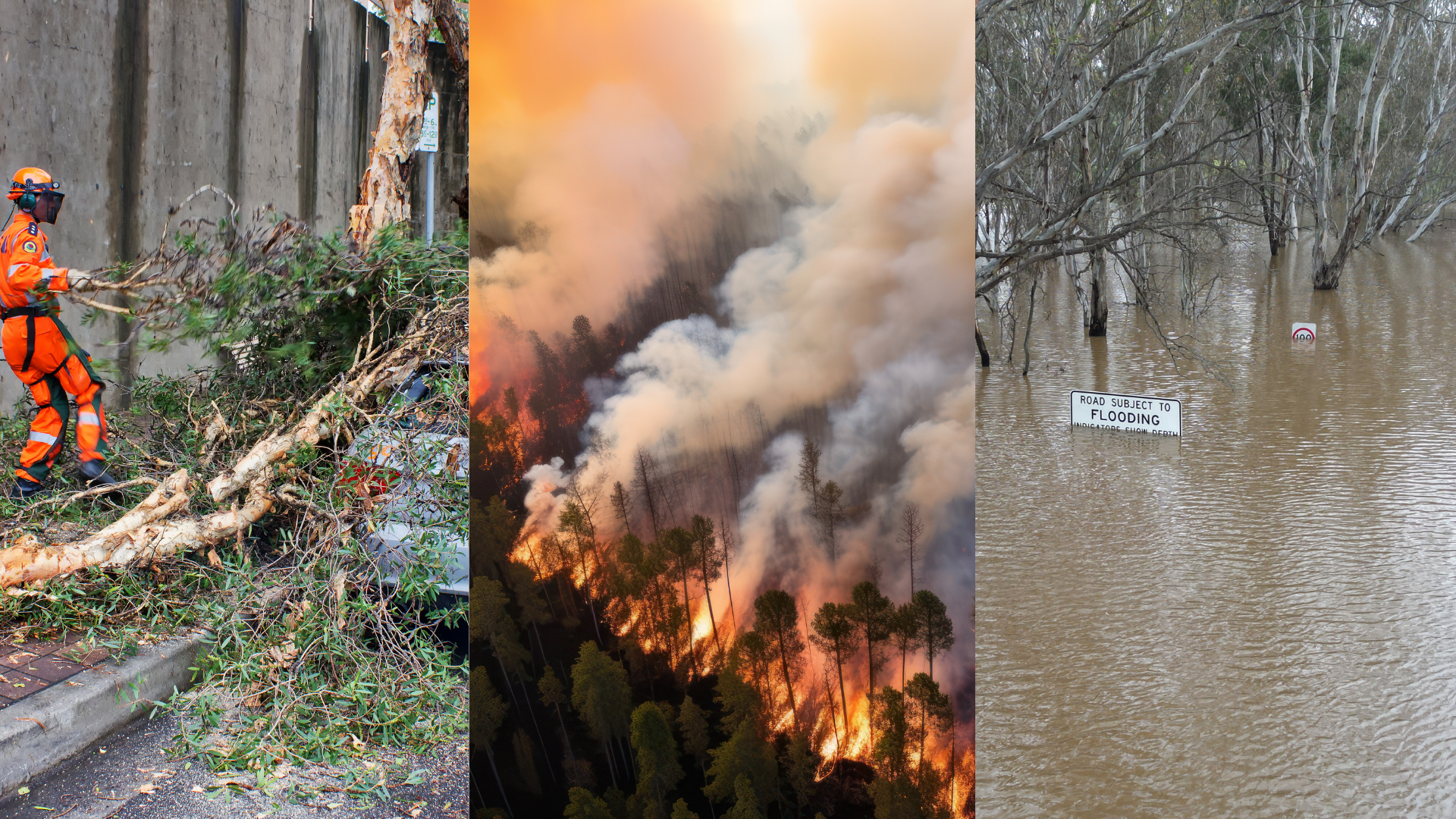 Three images depicting various emergency situations.  SES volunteer removing fallen branches from a car Ariel view of bushfire Flood scene with floodwaters nearly covering road signs.