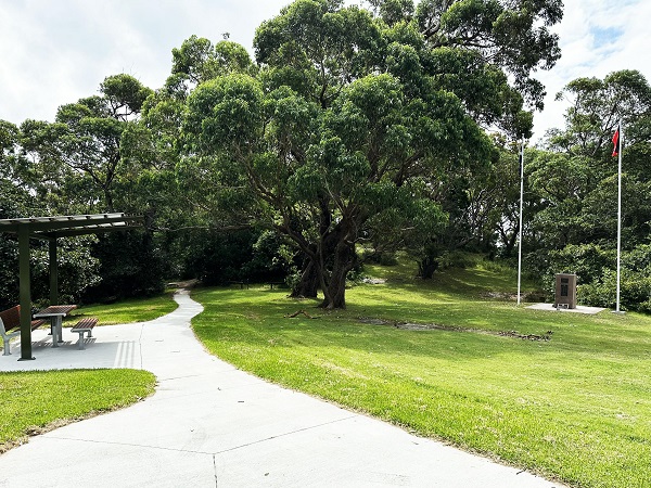 Park with mature trees, pathway and picnic shelter