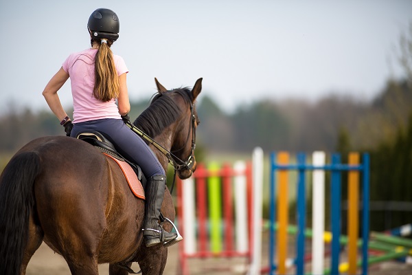 Girl on horse facing jumps