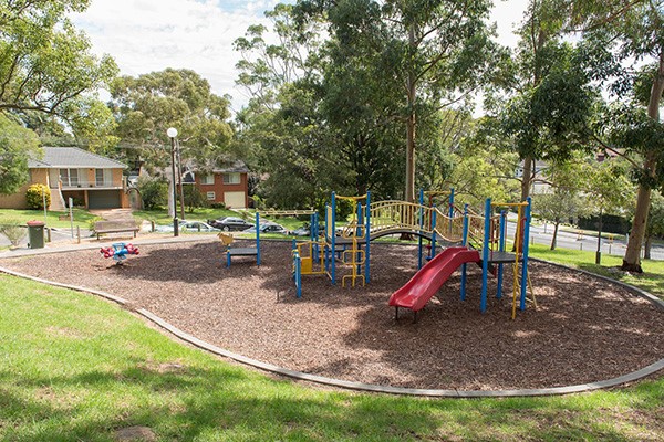 Grassy reserve with playground and mature trees