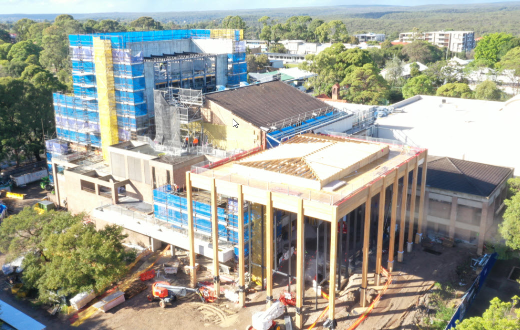 Aerial view of construction works at Sutherland Entertainment Centre