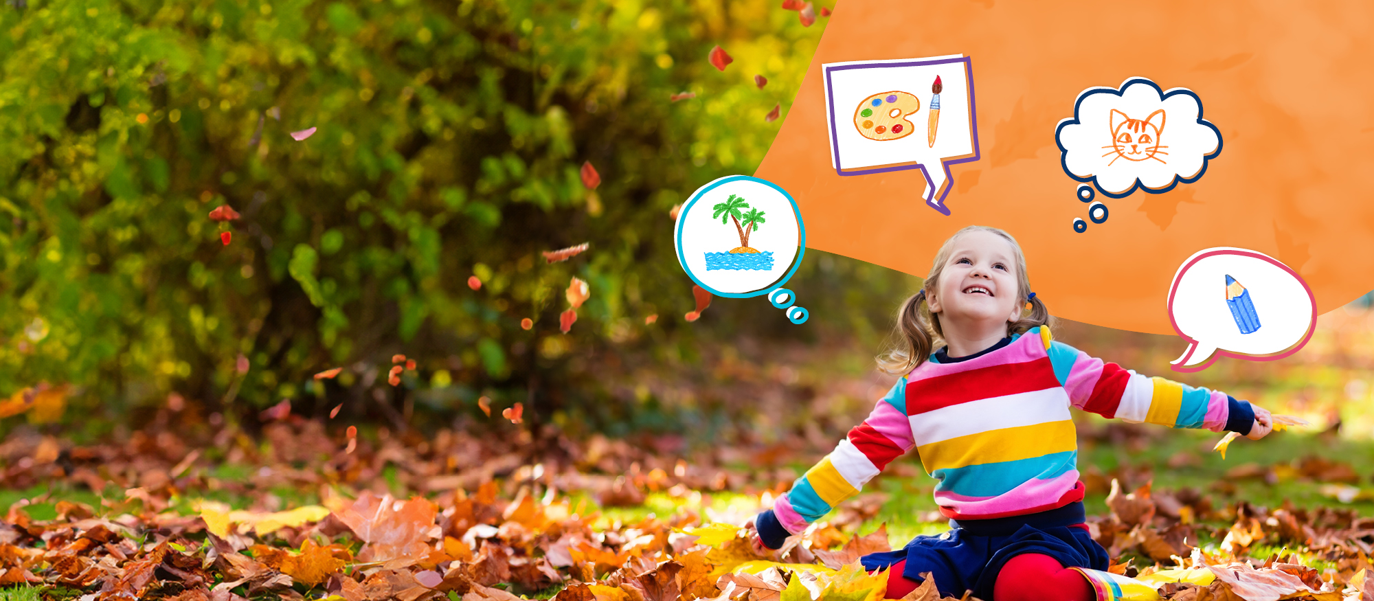 Little girl in autumn leaves thinking in imaginary bubble about art, activities and drawing